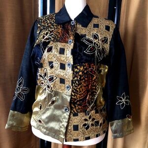 Mirasol Embellished Floral Gold Black 45% Silk Collared Blouse